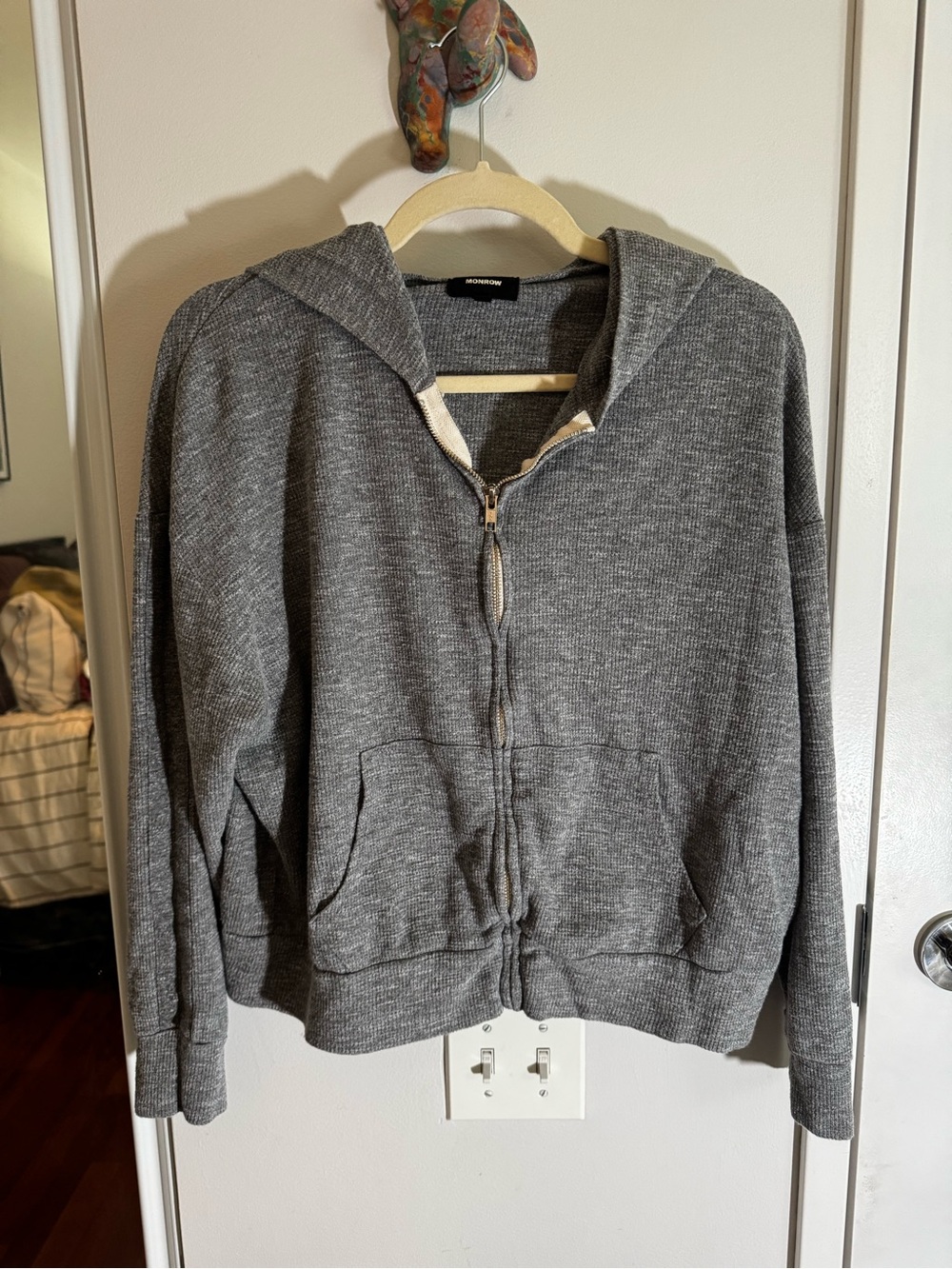 Monrow Grey Ribbed Original Zip Up Hoodie - Picture 4 of 11